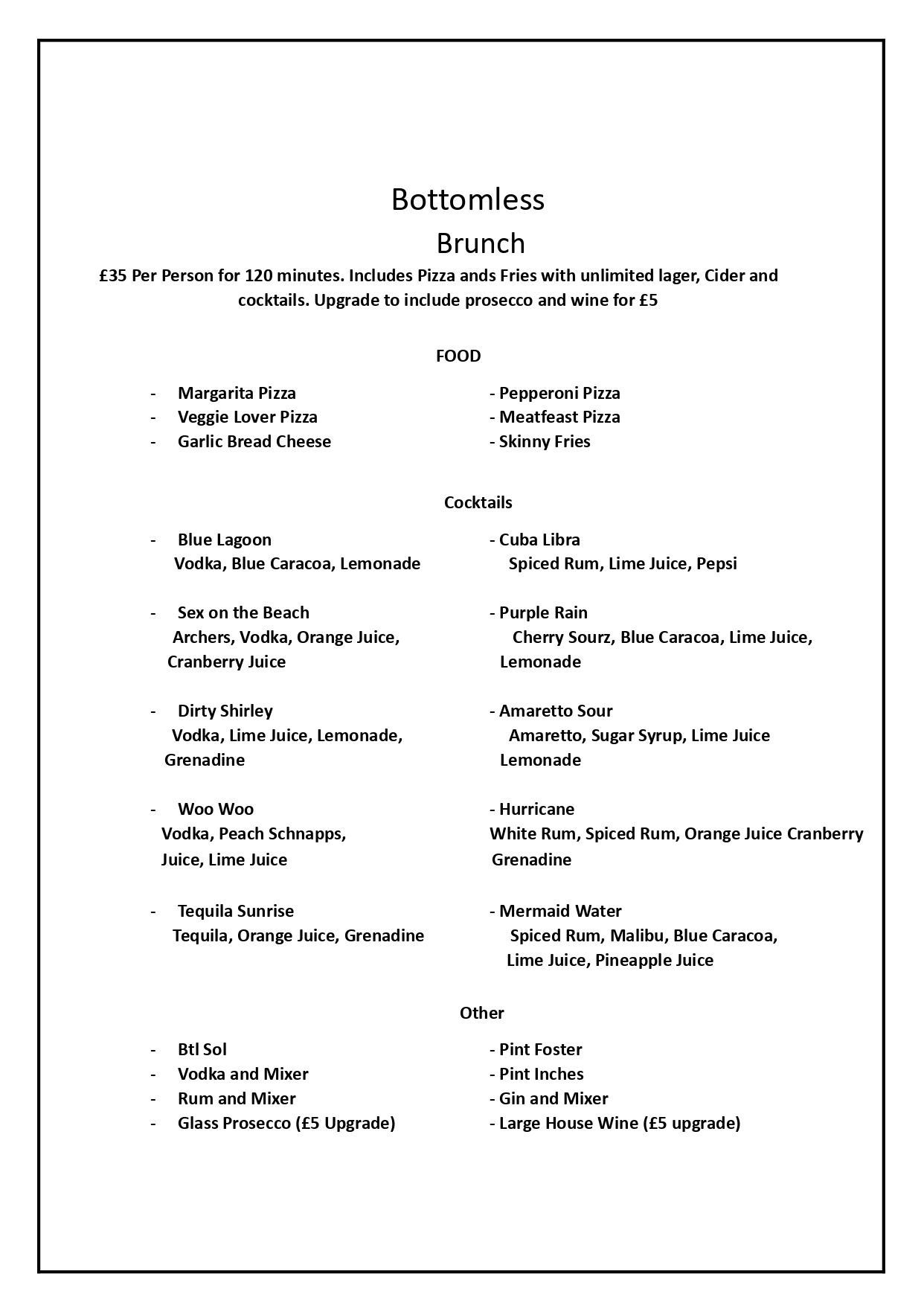 Bottomless Brunch Saturday Menu